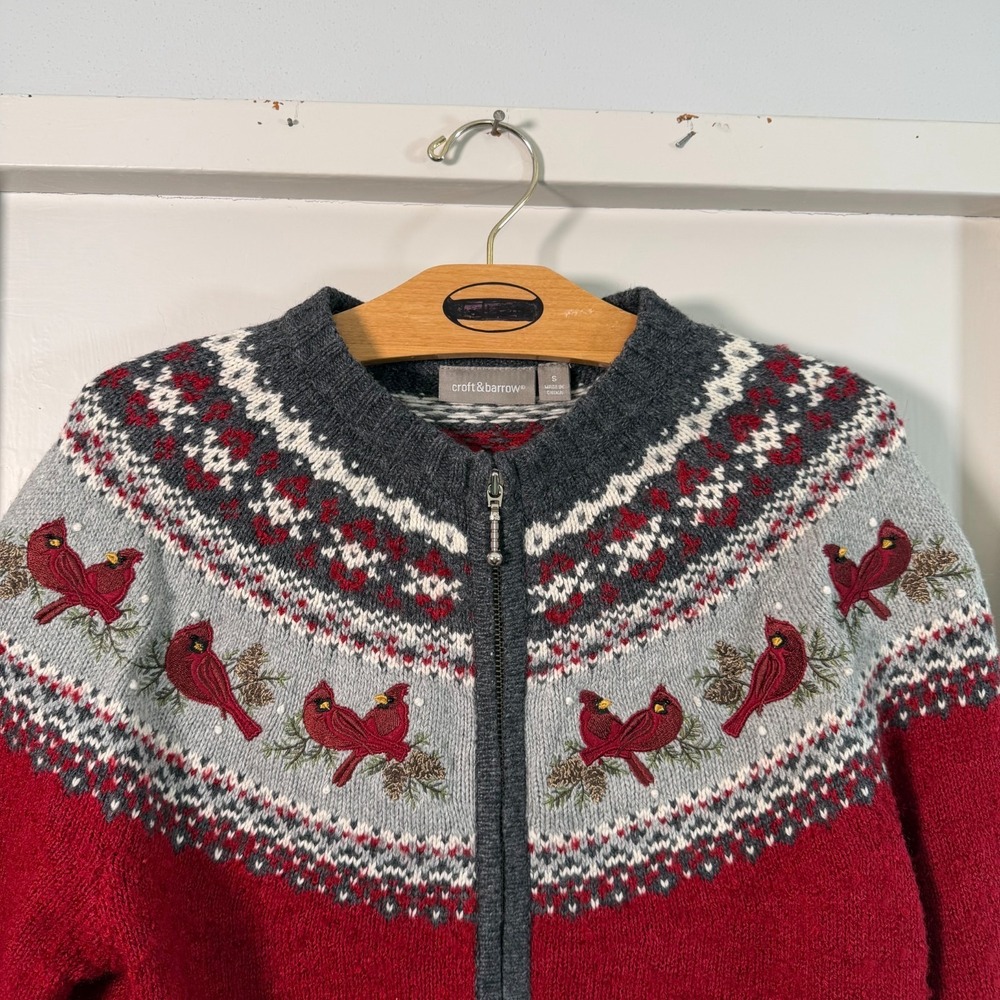 Holiday Winter Cardigan Sweater Womens Red Embroidered Cardinal Full Zip - Small - Picture 2 of 12
